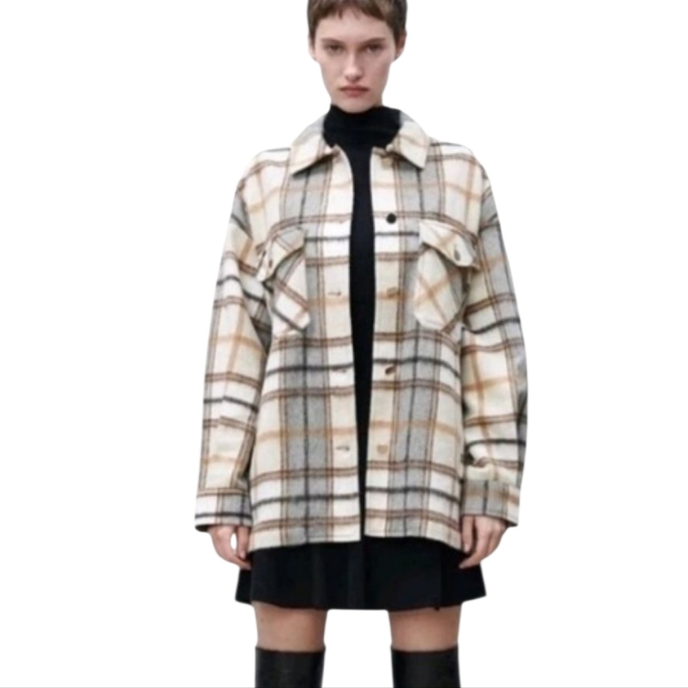 Zara Beige Cream Grey Plaid Cozy Wool Blend Shacket w Pockets women's medium